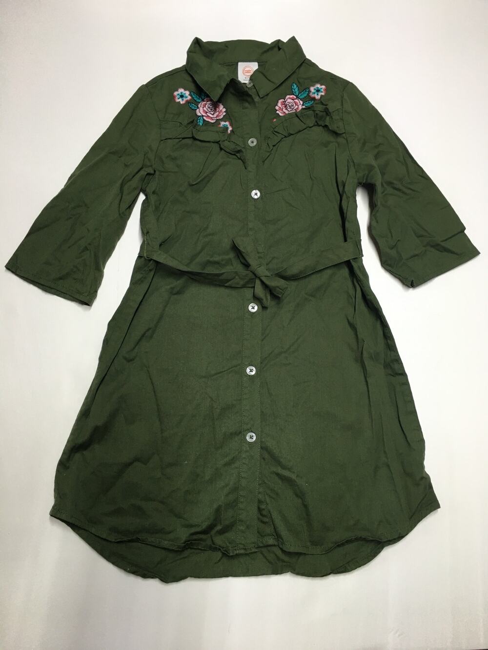 Wonder Nation Green Dress Belted Button Down Midi 3/4 Sleeves Girls M 7/8